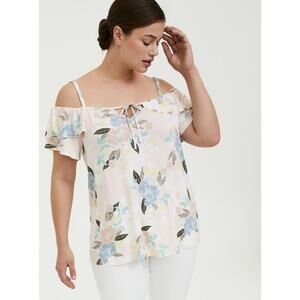 Torrid Top Plus 3X Floral Super Soft Cold Shoulder Ruffle Flutter Sleeve Peach